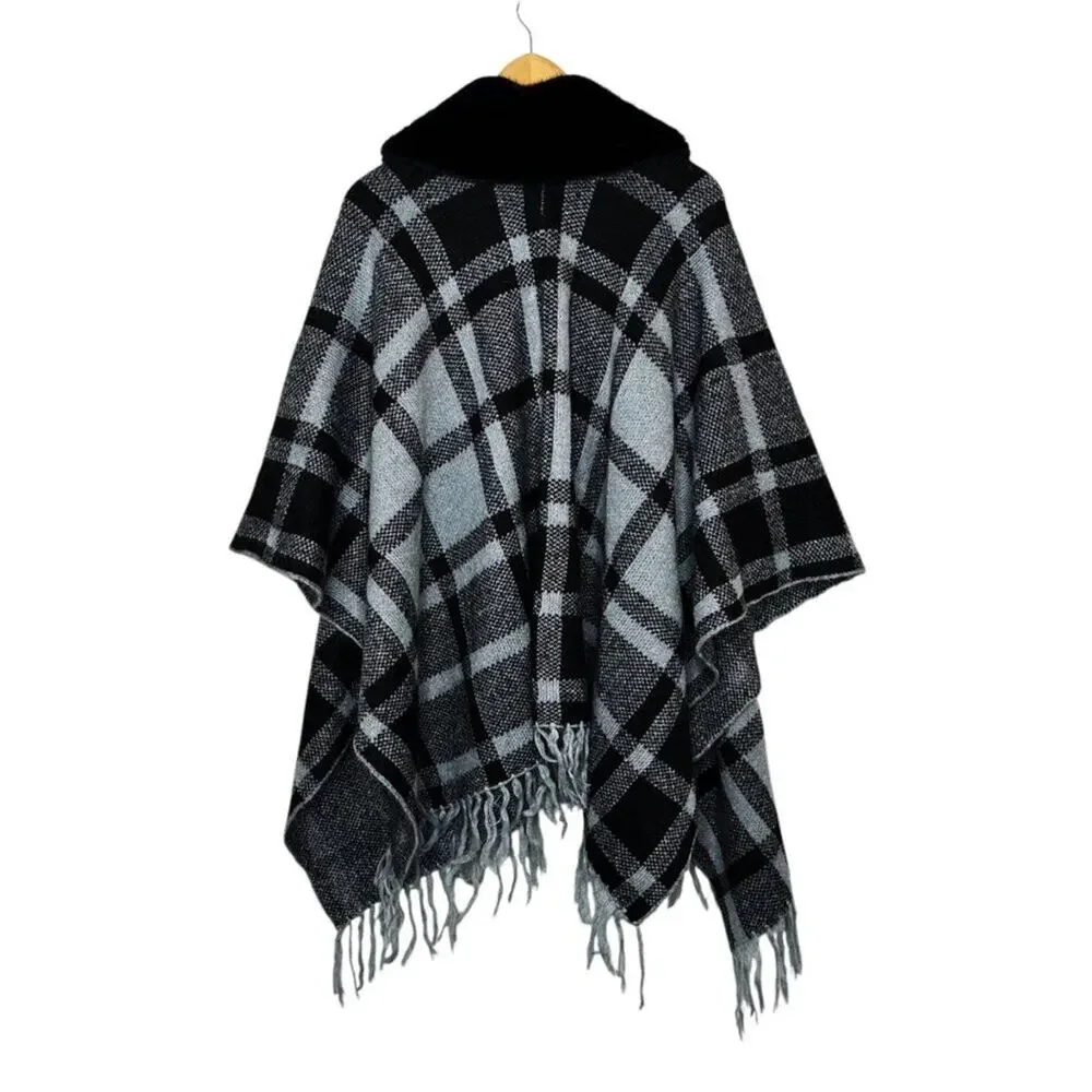 Soft Surroundings Black and Gray Plaid Faux Fur Trim Poncho